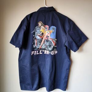 Bikerware USA short Sleeve Button Up Shirt Mens Size Large Pin Up Girl Bike Blue